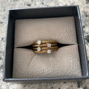 ALOR 18K Gold Plated Multi Row Cable & Diamond Ring - Size 7 - 0.09 ctw, NWT